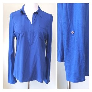 CHAUS SPORT Royal Blue Roll Tab Sleeve Blouse